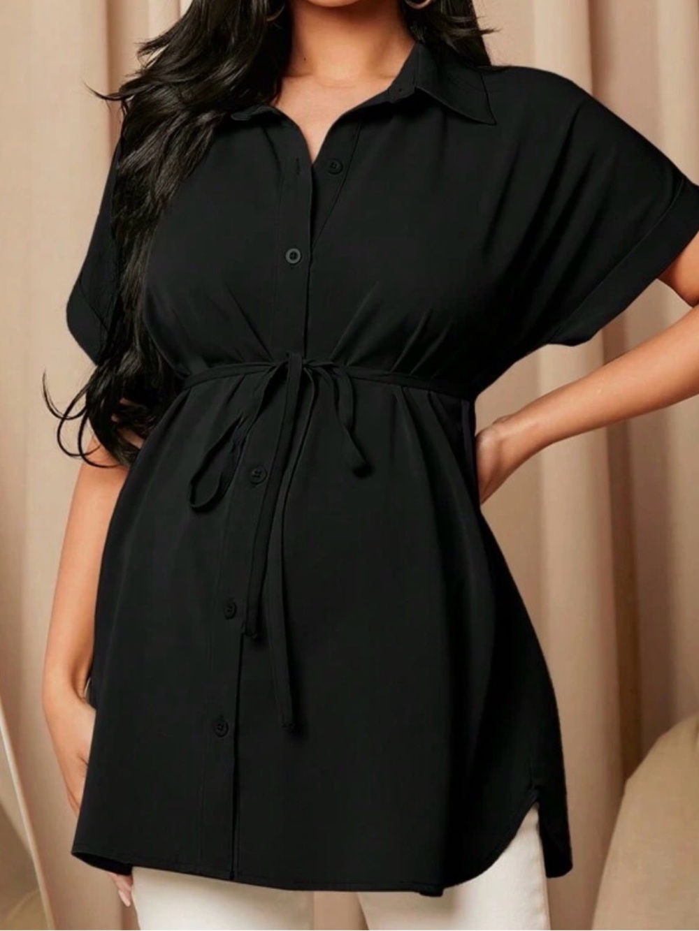 Black Button-Front Tie-Waist Tunic